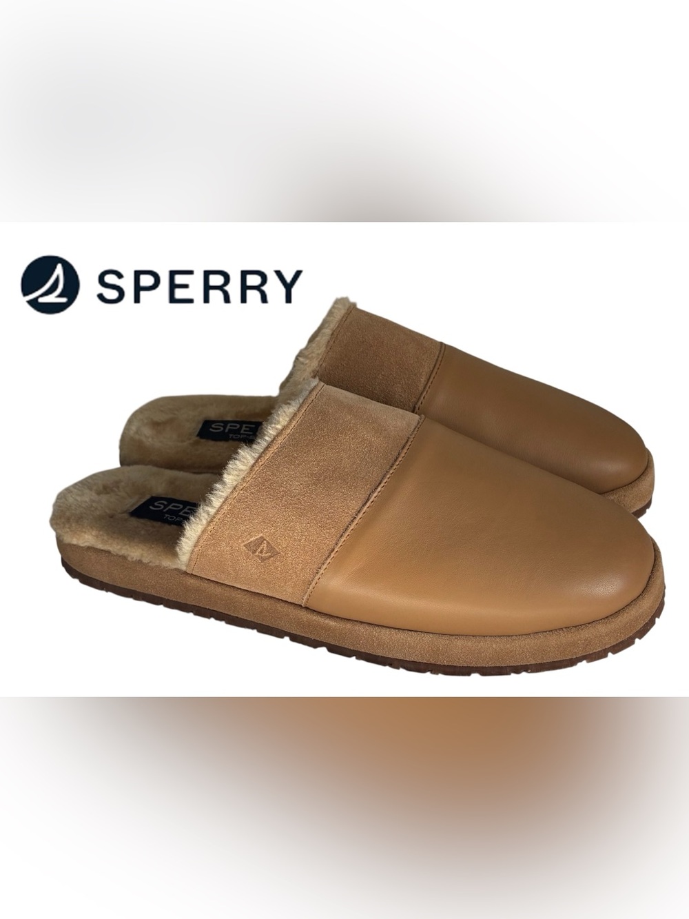 SPERRY SLIPPERS LEATHER UPPER FAUX FUR CAPE MAY MULE LINED MEN’S 12 TAN